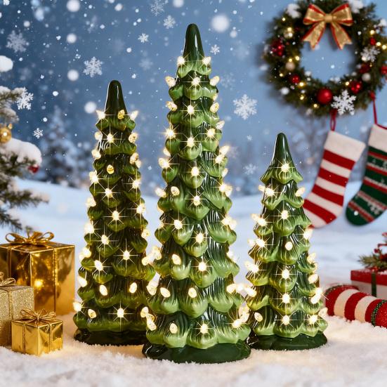 Pre-lit Hand-Painted Resin Tabletop Christmas Tree Small Light Up Holiday Tree Decoration for Home Party Decor