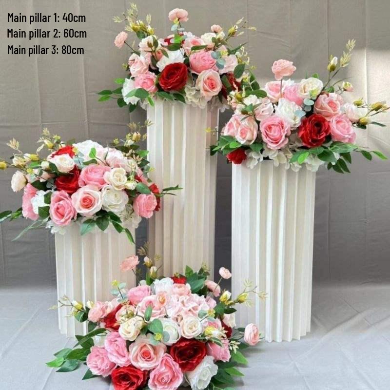 Wedding Aisle & Car Delivery Floral Decorations: Artificial Flowers & Roman Columns Bouquet