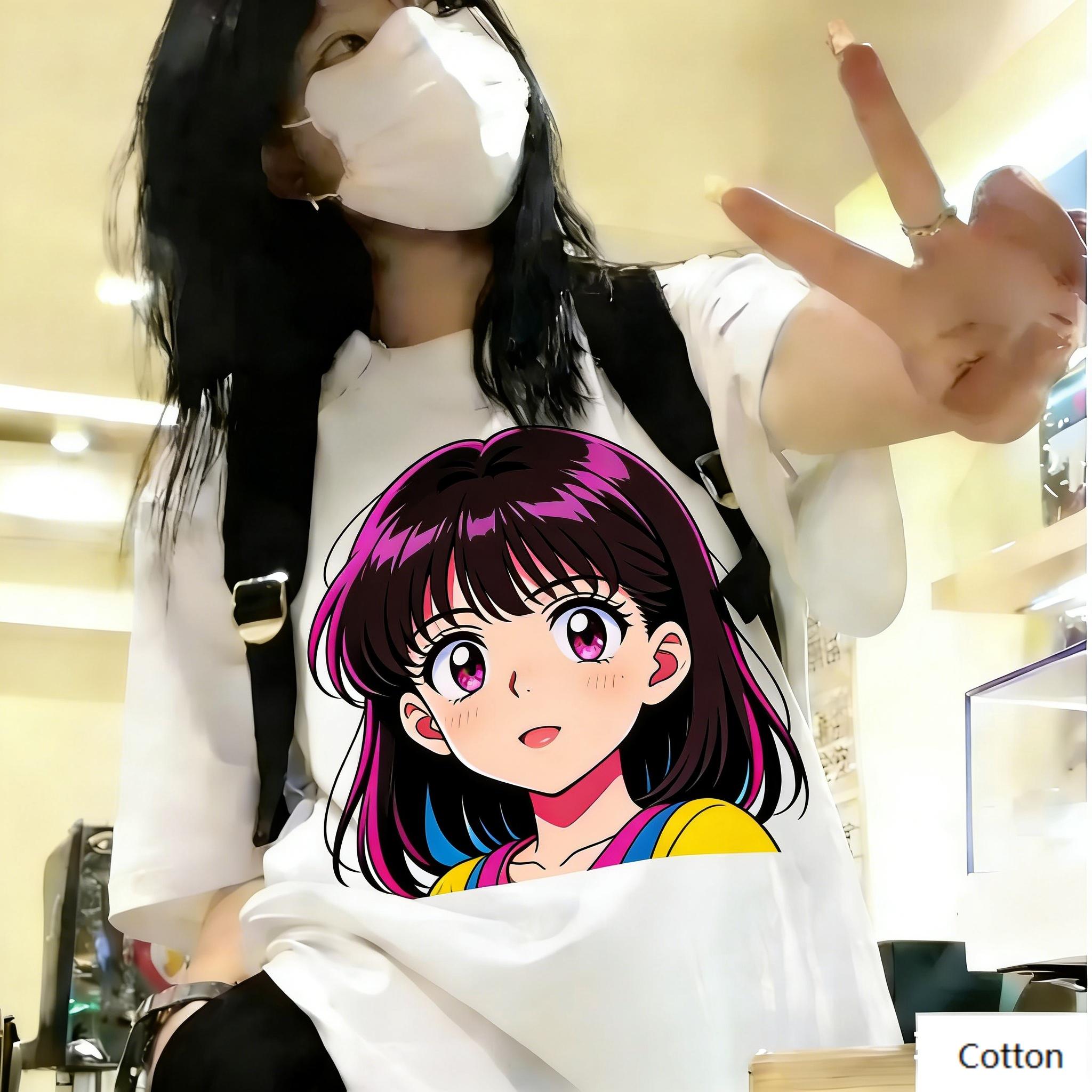 

Streetwear Unisex Cotton TShirt Featuring Edgy Gradient Hair Anime Girl Design 90s Pop Art Style Top for Trendy Individuals 4XL