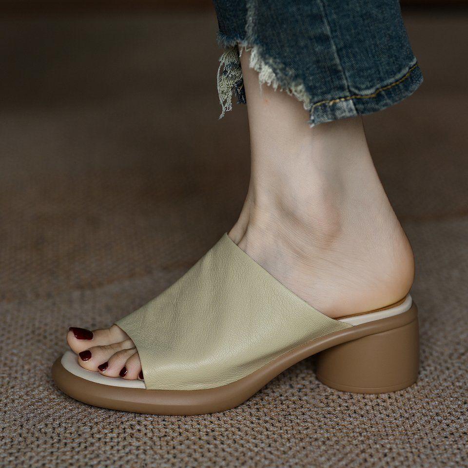 Thick-bottomed one-word drag women's new outer wear open-toed middle heel soft waterproof table heightening round head cool slippers in summer 2025