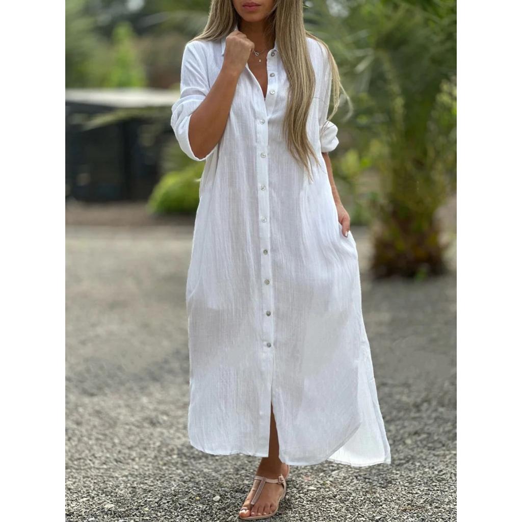 Women's Cotton Linen Long Shirt Dress Casual Fashion Long Sleeve Open Front Midi Dress