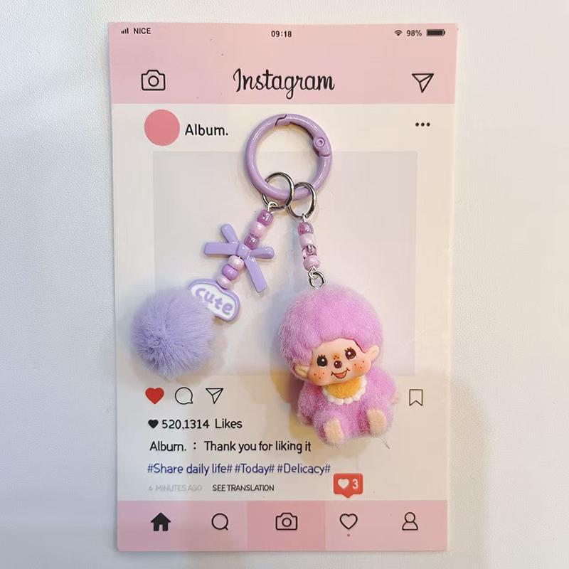 Resin Flocking Monchichi Keychain Cute Monkey Baby Trendy Keyring Cartoon Pendent Keys Bags Hanging Accessories Small Gifts