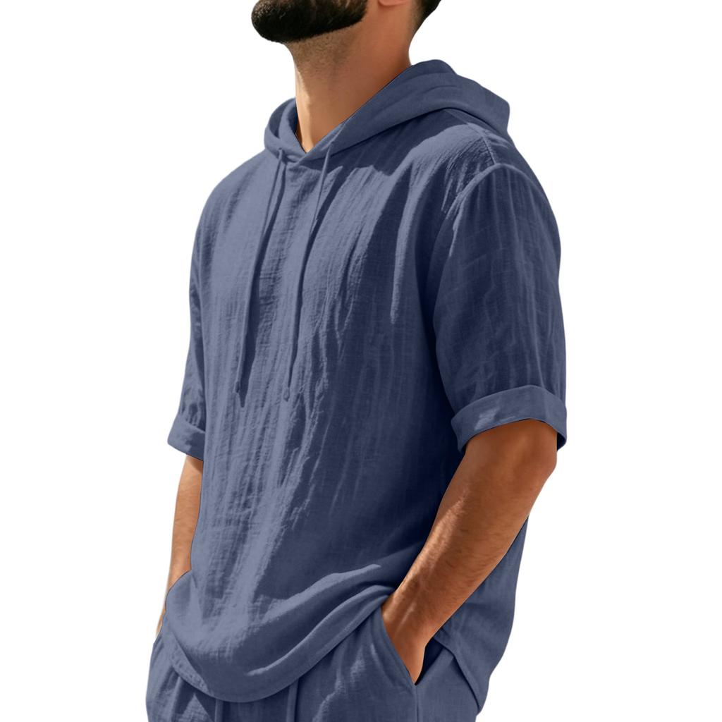 Men's Linen Hooded Short Sleeve T Shirt Lightweight Breathable Casual Summer Top Relaxed Fit Five Quarter Sleeve Pullover