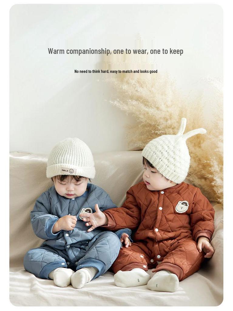 Quilted Cotton-Padded Snap-Front Baby Bodysuit for Boys & Girls - Warm Autumn/Winter Romper & Crawling Suit