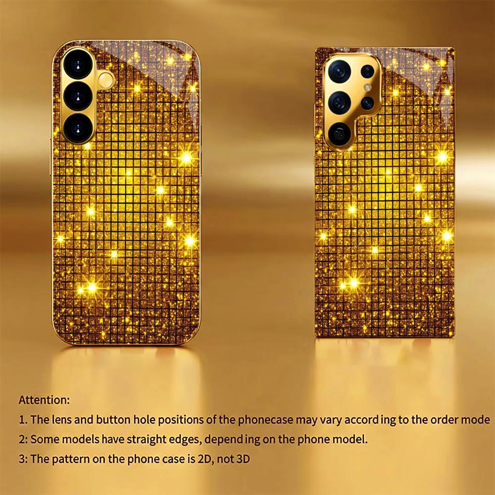 Goldenes Karomuster Glas Handyhülle für Samsung Galaxy S26 S25 S24 S23 S22 FE Ultra Plus Integriertes Glas Gold Exquisit
