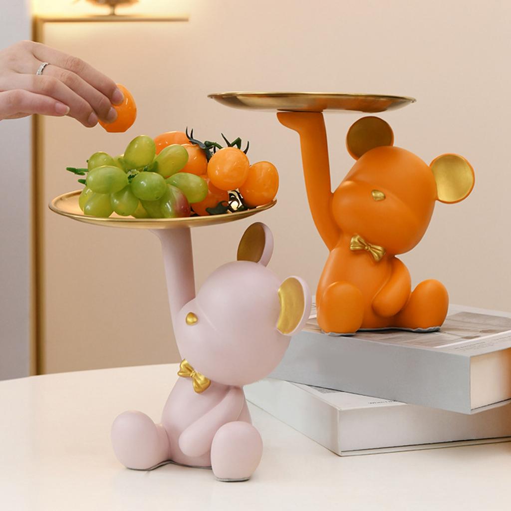 Creative Resin Bear Figurine Cute Statue Home Decoration Desktop Storage Tray Rack for Coins Snack Phone Entrance Office