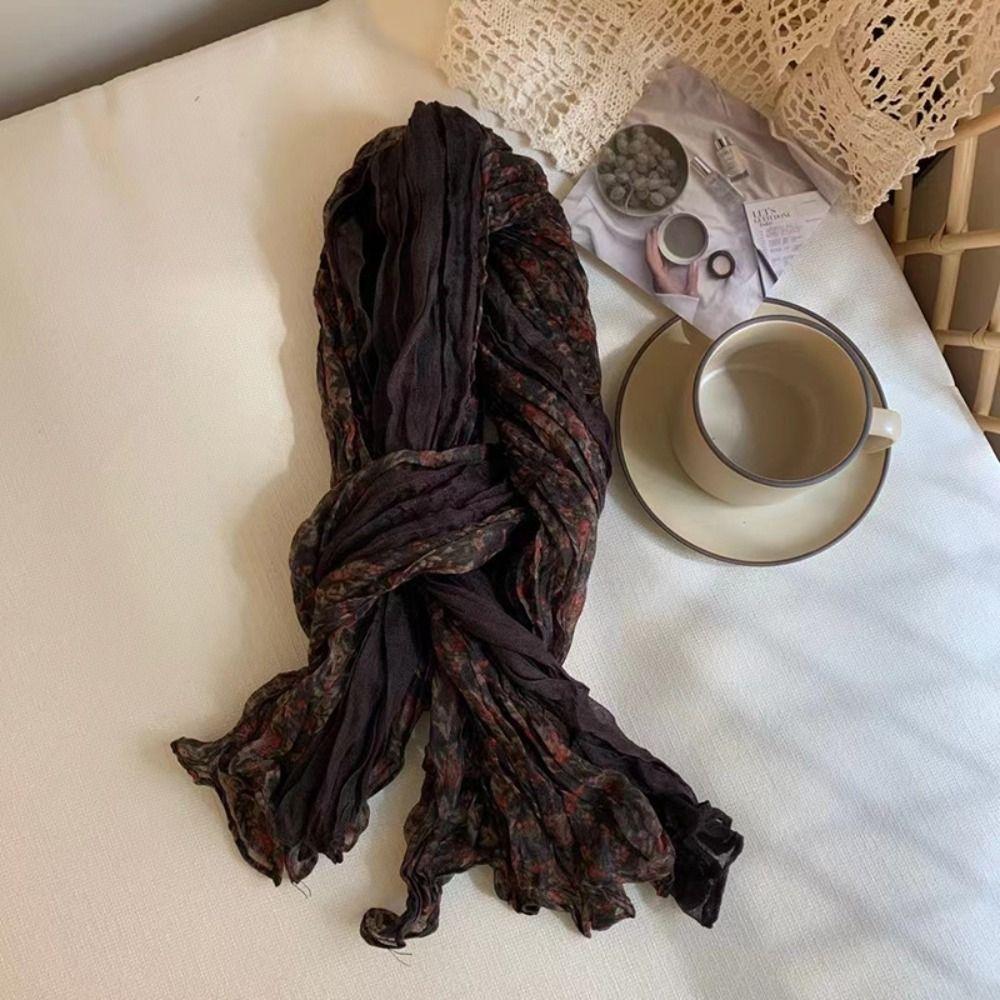 Keep Warm Pleated Printed Scarf Vintage Shawl Wrap Floral Cotton Linen Scarf