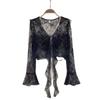 Cardigan estivo in chiffon da donna - Pizzo con balze, Chiusura con laccio sul davanti, Maniche a campana, Sciarpa parasole.