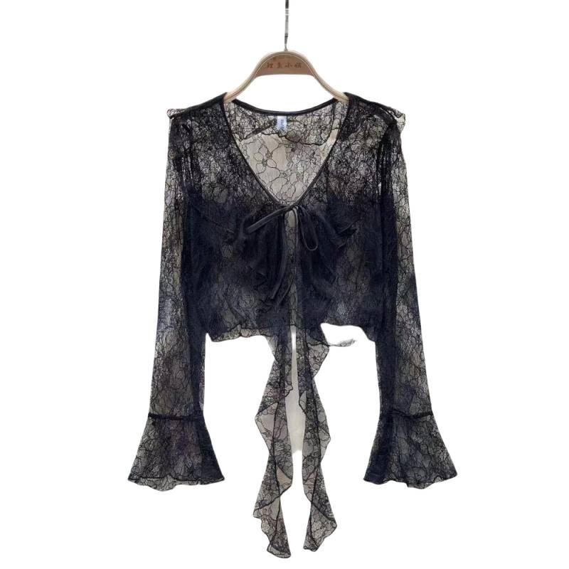 Cardigan estivo in chiffon da donna - Pizzo con balze, Chiusura con laccio sul davanti, Maniche a campana, Sciarpa parasole.