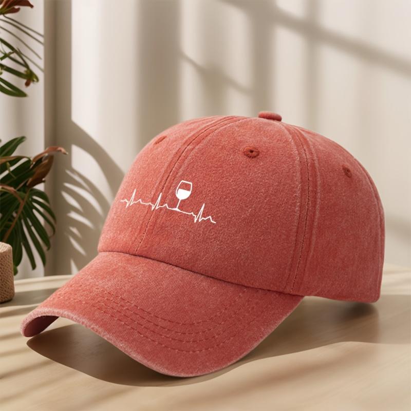 Heartbeat Red Wine Glass Printed Baseball Cap Classic Washed Retro Hat Lightweight Soft Sweat-Absorbent Peaked Cap