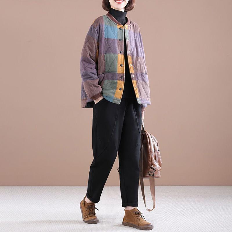 Womens And Thickened Autumn Winter Warm Plaid Pattern Baseball Jacket Ethnic Wind Warm Jacket