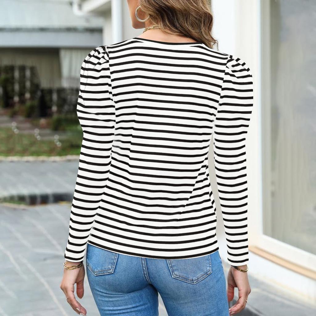 Women's Long Sleeve Lapel V Neck Striped Loose Tops Sweatshirt, Long Sleeve Color Block T-Shirt Casual Tops