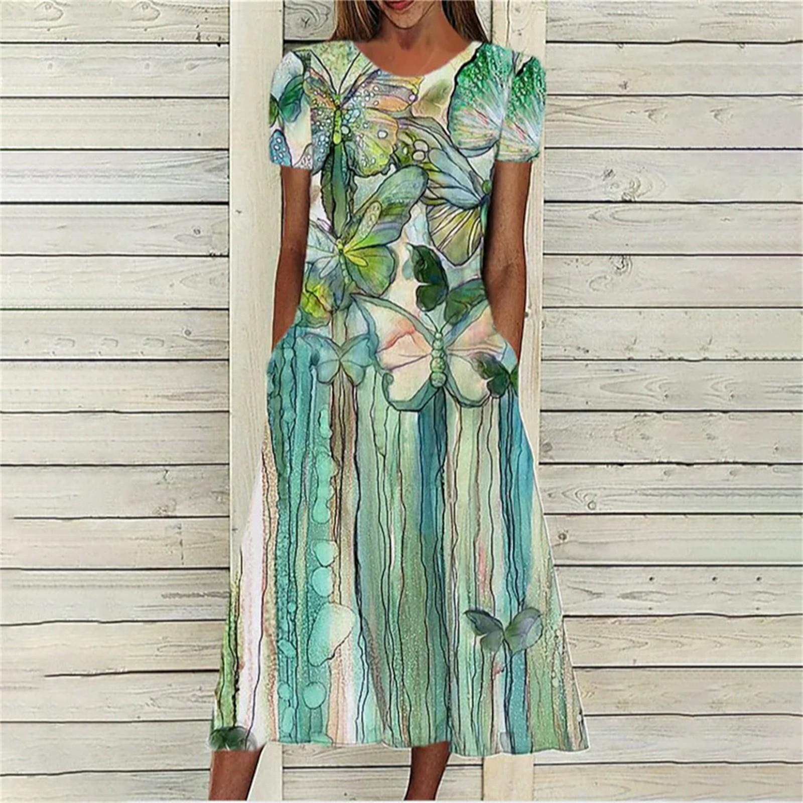 

Women s Floral Positioning Print Round Neck Short Sleeve Pocket Dress L зелений