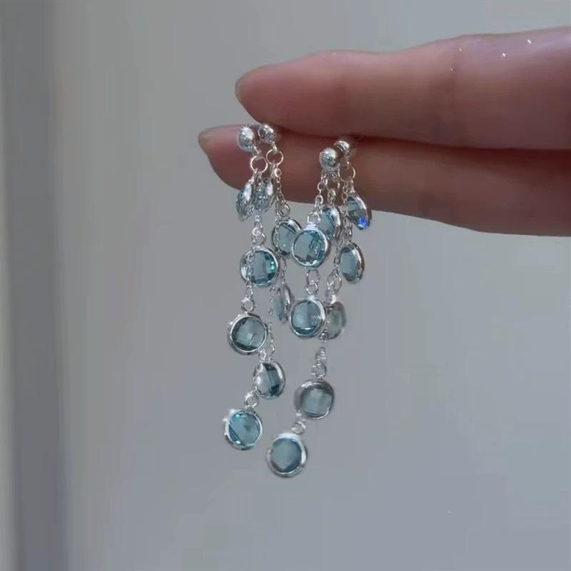 Fresh Light Blue Purple Sparkling Diamond Tassel Earrings Luxurious and Niche Delicate White Earrings Korean Style Cool Earrings