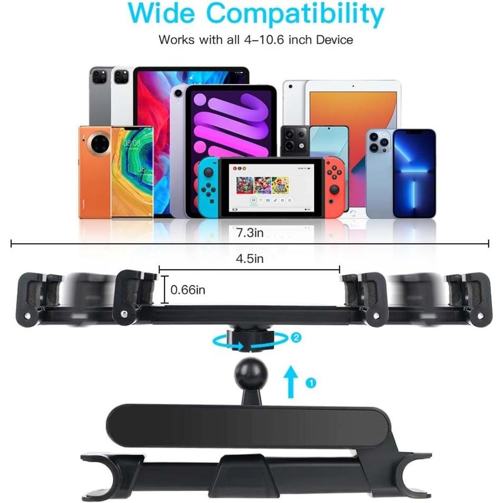 Car Headrest Tablet Mount,Car Back Seat iPad Holder with Foldable Extension Arm,360° Rotating Car Tablet Holder for Kids for iPad Pro, Air, Mini