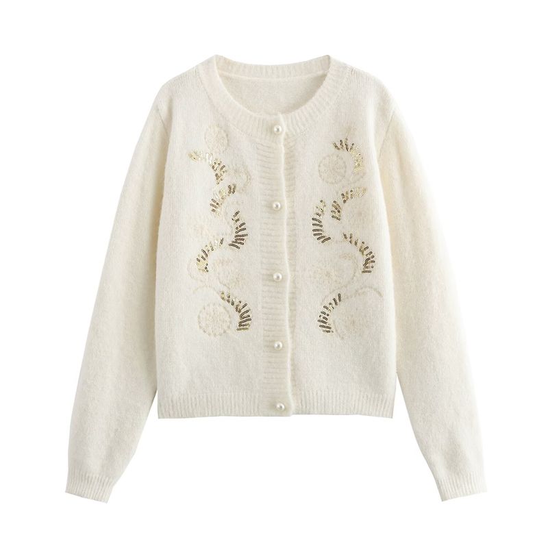Kaslead New Arrival Women's Clothing Fashion Style Fashion Embroidered Sequins round Neck Knitting Cardigan Sweater Outwear