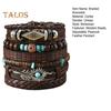 6-teiliges Set mit geflochtenen Armbändern in verschiedenen Formen, Holzperlen-Dekor, Pfauenfeder-Anhänger, Retro-Ethno-Stil, Kunsttürkis-Stein, Steinarmband, Handgelenk
