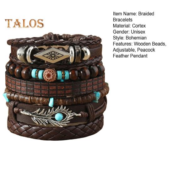 6-teiliges Set mit geflochtenen Armbändern in verschiedenen Formen, Holzperlen-Dekor, Pfauenfeder-Anhänger, Retro-Ethno-Stil, Kunsttürkis-Stein, Steinarmband, Handgelenk