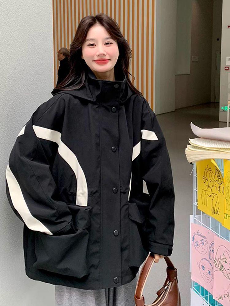 Plus Size Women's Spring Autumn American Style Hooded Jacket Oversized Loose Casual Patchwork Coat Windbreaker