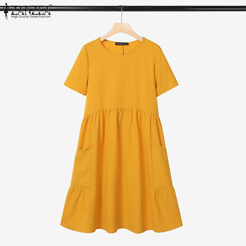 ZANZEA Women Casual Round Neck Loose Summer Short Sleeve Dress