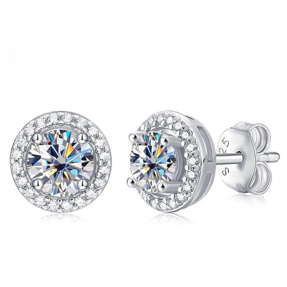 

Серьги-гвоздики из настоящего муассанита цвета D, 2 карата, стерлинговое серебро S925, пластина Pt950, классические круглые серьги с бриллиантами с четырьмя когтями для женщин