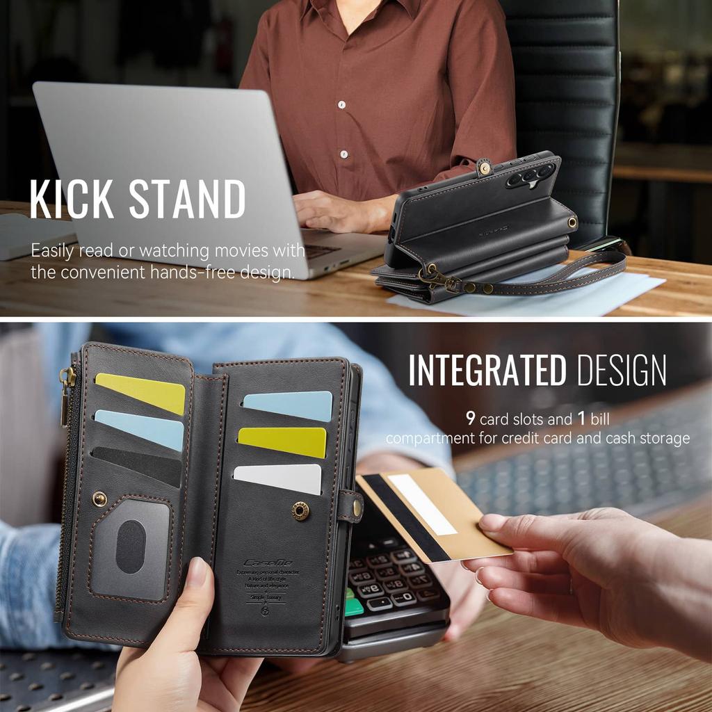 For Samsung Galaxy A57 Wallet Case, RFID Blocking PU Leather Case Kickstand Flip Cover Wrist Strap Zipper Credit Card Holder