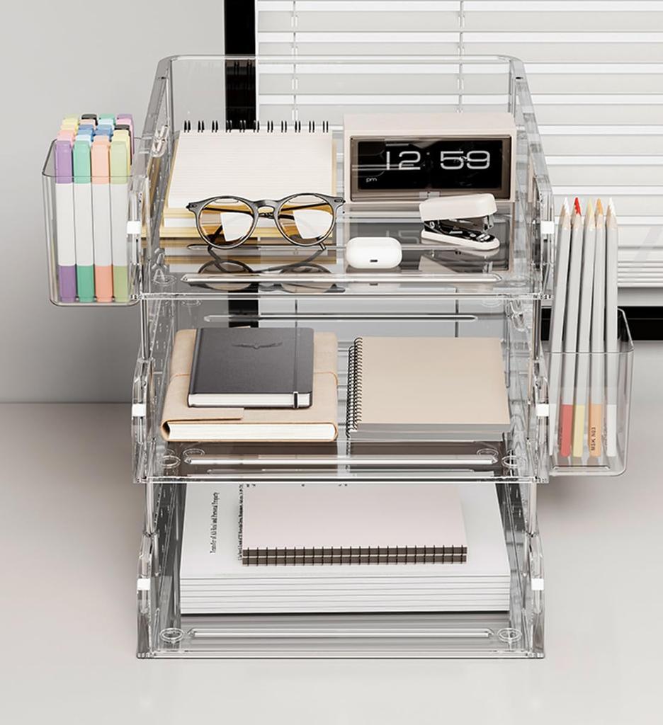 Vertical A4 Letter Tray Rack, Desk Organizer with Steel Columns and Two Pen Holders (3 Tiers, Black)