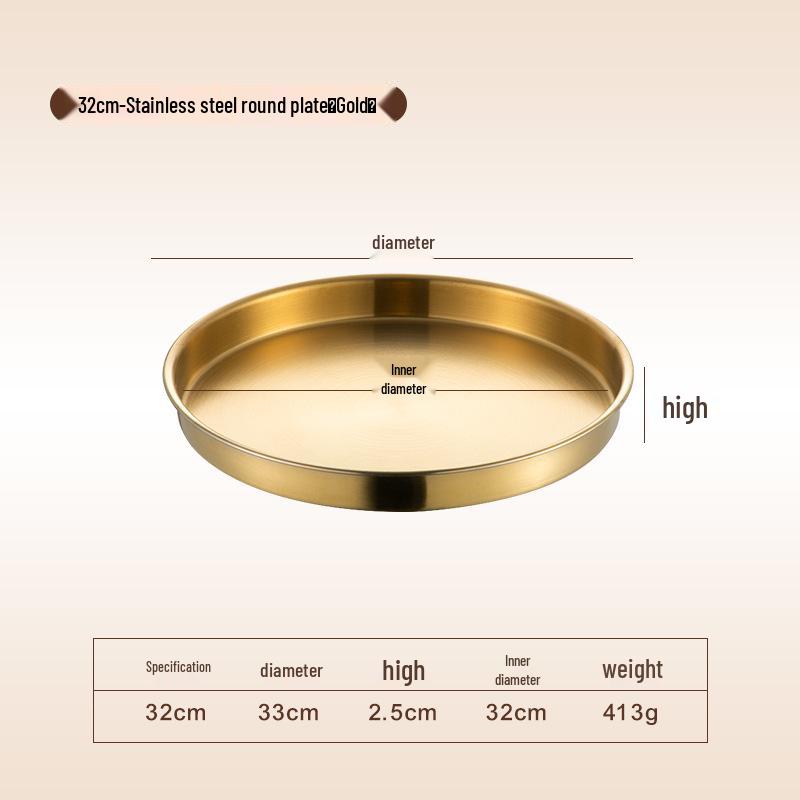 Korean Style Stainless Steel Round Golden Tray for Cold Noodles, Rice, or Steaming – Thickened Flat Bottom Plate