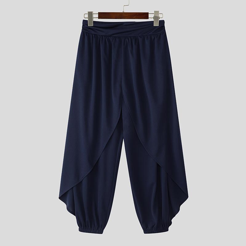 

INCERUN Men Elastic Waist Irregular Layers Texture Casual Long Harem Pants Trousers синий