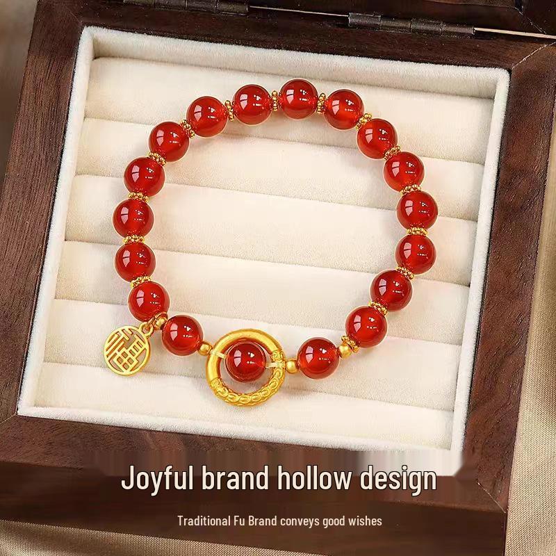 Vietnamese Gold Red Agate Love Bean Bracelet with Copper Gold-Plated Fu Pendant for Women