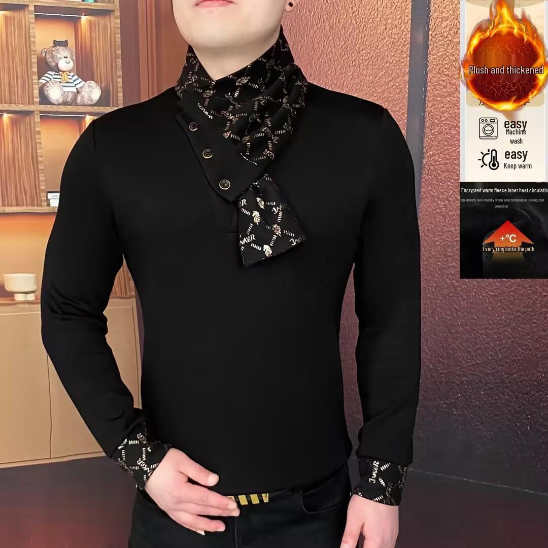 Men s Winter European Style Velvet Hoodie Scarf - Trendy, Thickened Base Layer Shirt M