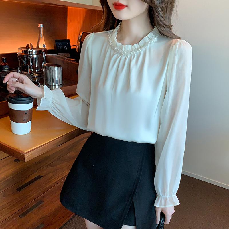 New 2025 Spring Blouses Shirts Long Sleeve Beading O-Neck Chiffon Blouse Shirt Women Tops J772