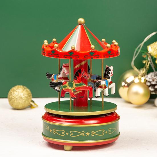 Miniature Horse Carousel Wooden Music Box with Rotating Merry-Go-Round Horses, Wind-Up Musical Figurine Nursery Decor for Baby Room Home Decor,