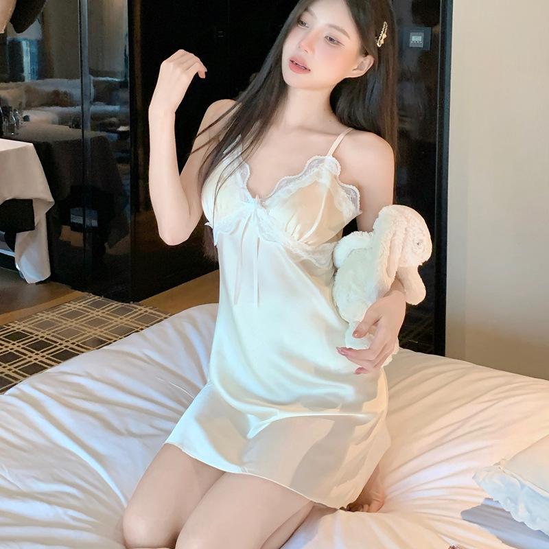 Ice Silk Women's Nightgown - Sexy Lace-Trimmed Slip Dress for Summer & Spring