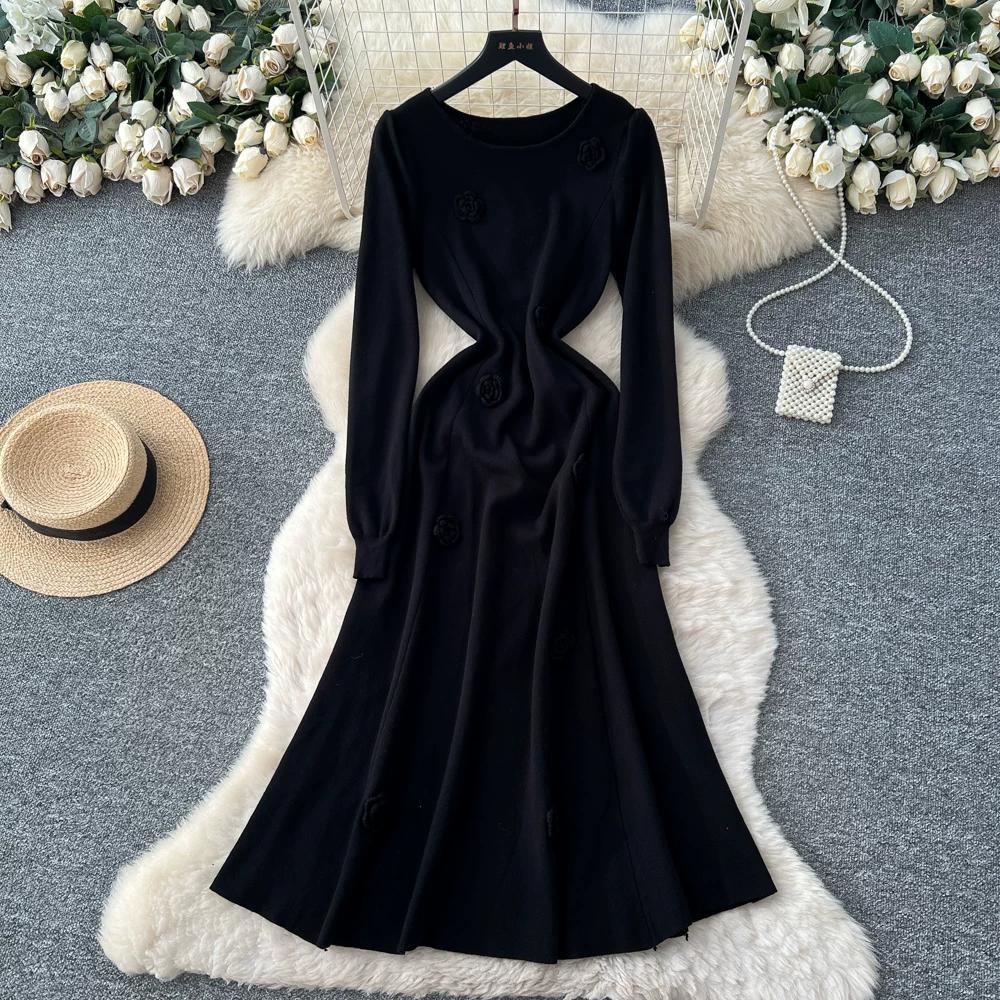 Autumn Winter Women Elegant 3D Flower Knitted Sweater Pullover Long Midi Christmas Party Dresses