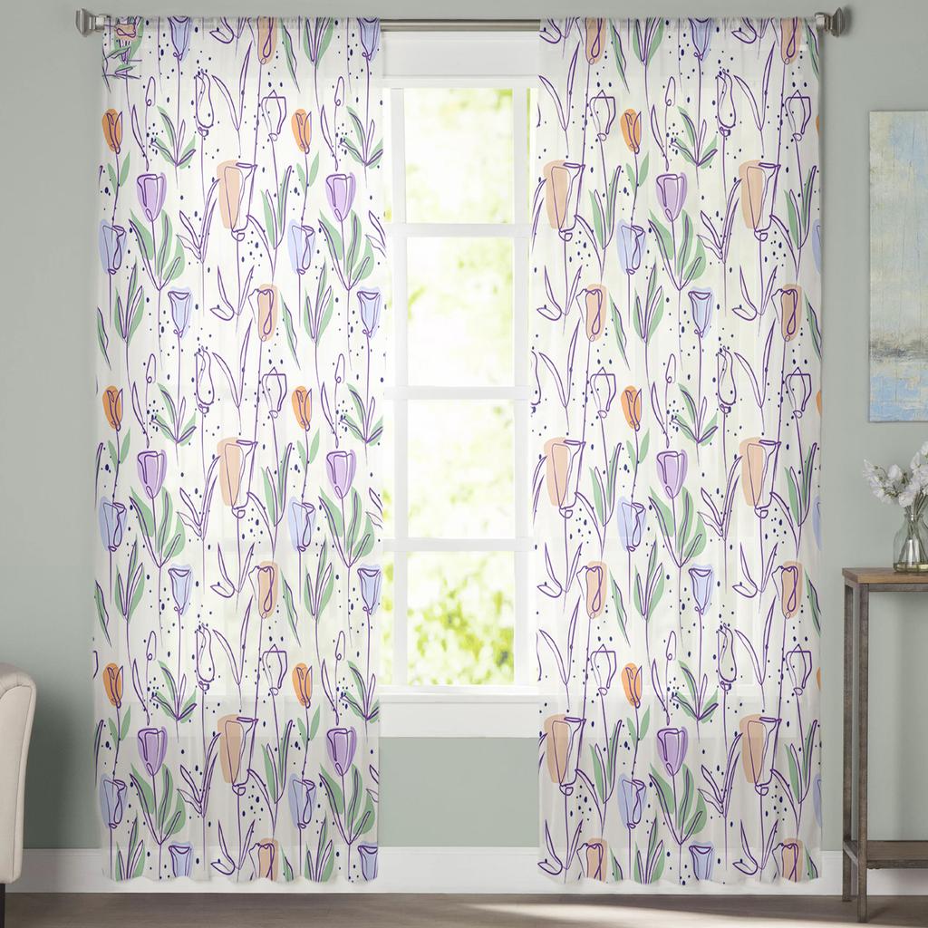 Spring Flowers Plant Tulips Voile Sheer Curtains For Living Room Window Chiffon Tulle Curtain Kitchen Bedroom Drapes Home Decor