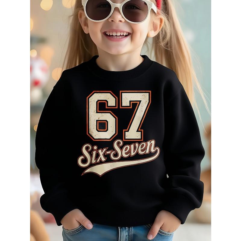 Kids Unisex Crewneck Sweatshirt, Vintage Distressed Varsity Block 67 Six-Seven Script Long Sleeve Pullover, Casual Sweatshirt for Boys Girls Ages 4+