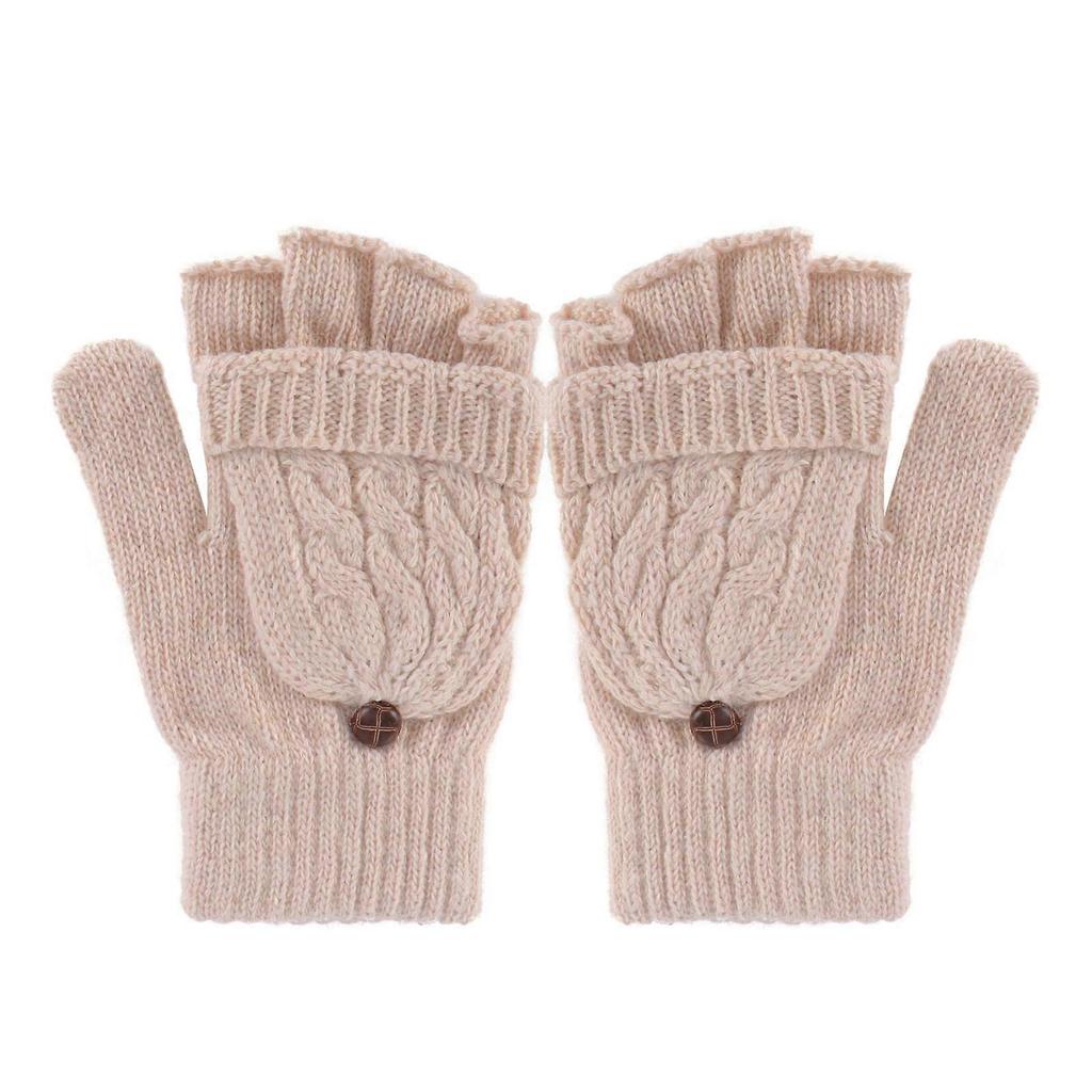 Women Winter Warm Wool Knitted Convertible Fingerless Gloves With Mitten Cover (Beige)