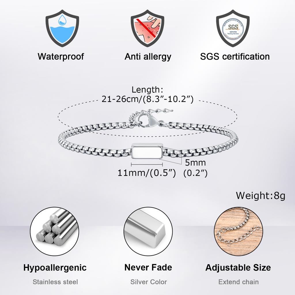 Vnox Geometric Square Round Tube Charm Bracelets for Men Boys, Unisex Box Link Chain Bracelet, Waterproof Simple Metal Jewelry