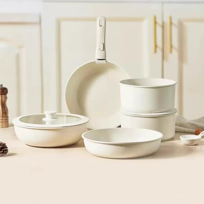 Detachable Handle Non-Stick Maifan Stone Cookware Set: Stir-Fry & Flat-Bottomed Pan for Induction Cookers.