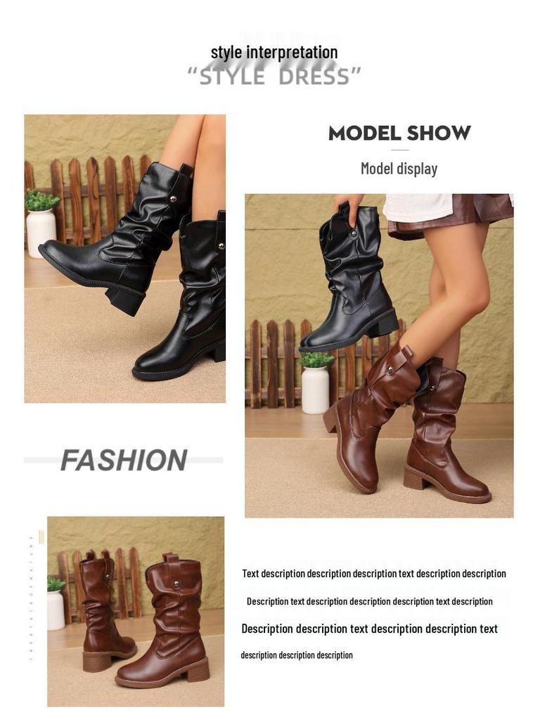 Women's Soft Leather Mid-Calf Chunky Heel Chelsea Boots for Spring and Autumn