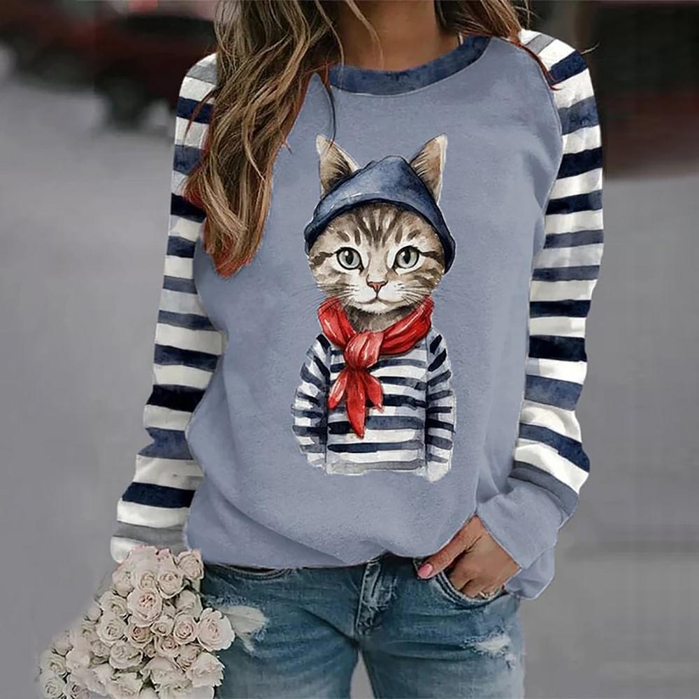 Cotton Long Sleeve T-Shirts For Women Funny Kawaii Cat Animals Print Sweatshirts Female Cute O-Neck Pullover Woman Sweatshirt