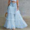 Denim Waist Tulle Tiered Maxi Skirt | High-Waist Full Flare Cake Skirt Multi-Layer Mesh Half Skirt for Women JM2620