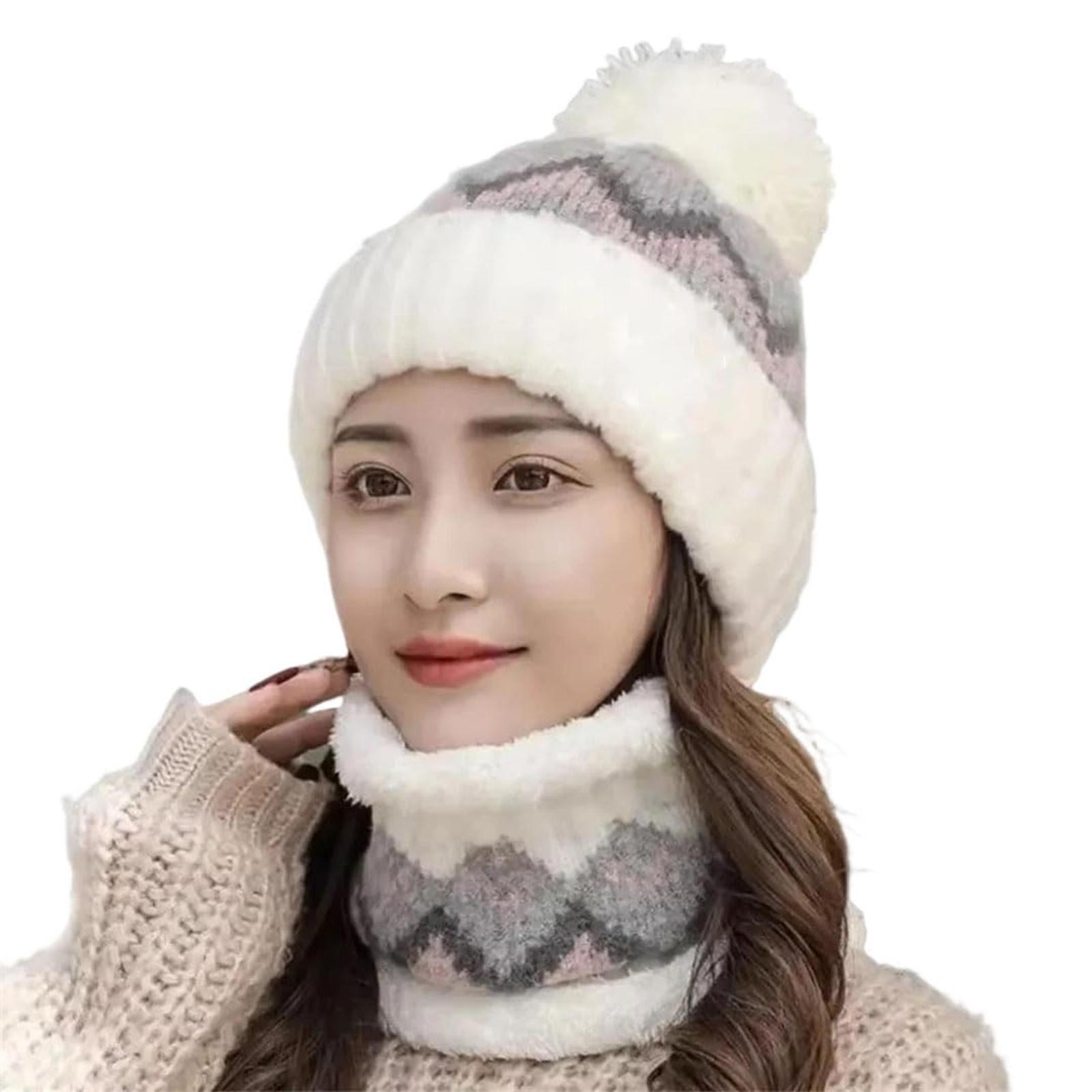

Women s Knitted Hat Scarf Two-piece Set, Thickened And Plush Woolen Hat One Size білий
