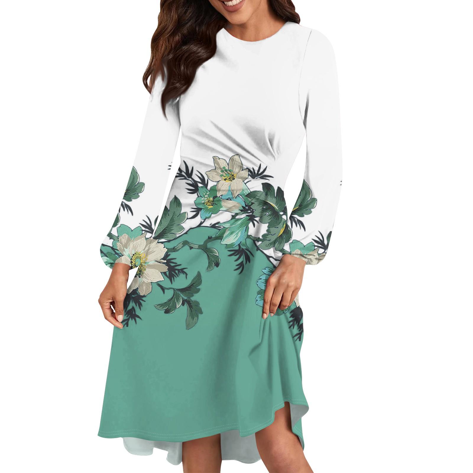 

Женское повседневное платье с круглым вырезом и длинными рукавами, свободное плиссированное платье на талии XL