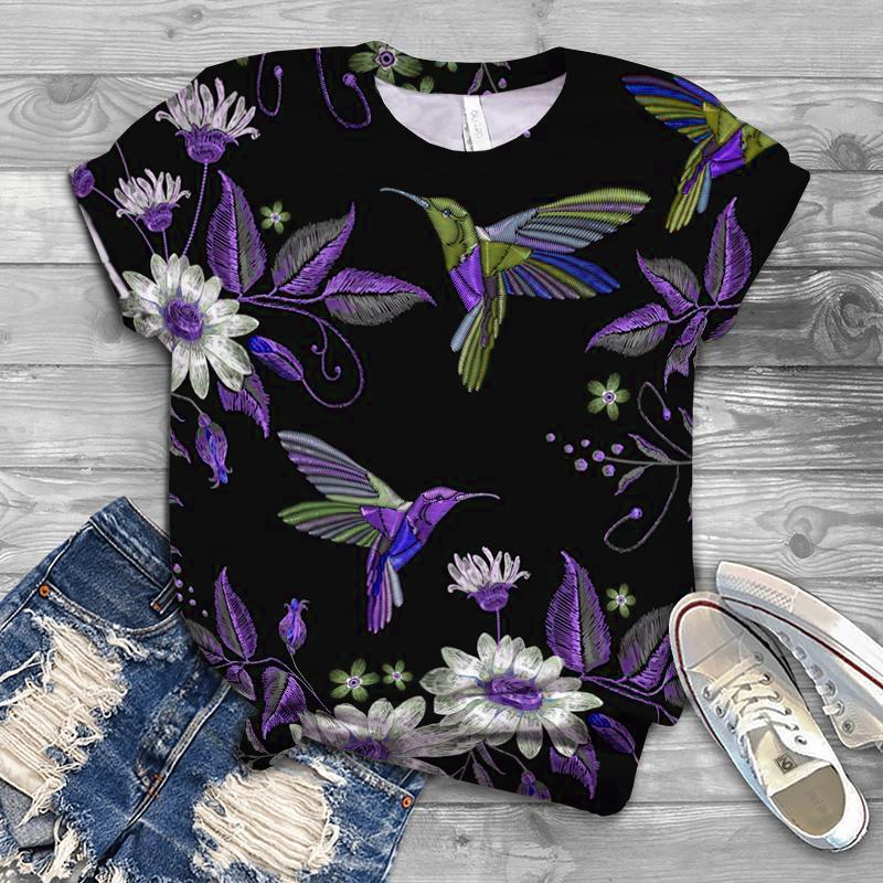 Women Summer T Shirt Trend Bird Print Retro Fashion Short Sleeve Tees Casual   Printed  Tops
