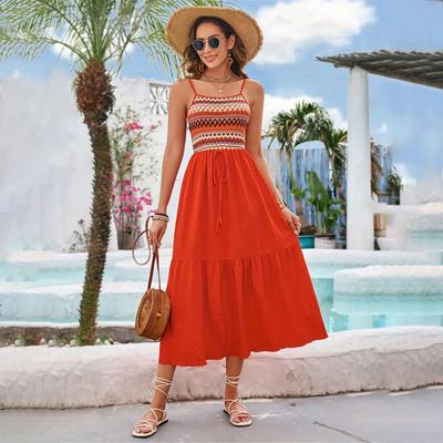 Damen Sommer Dehnbar Neckholder Plissiert Patchwork Ärmellos Midi Kleider