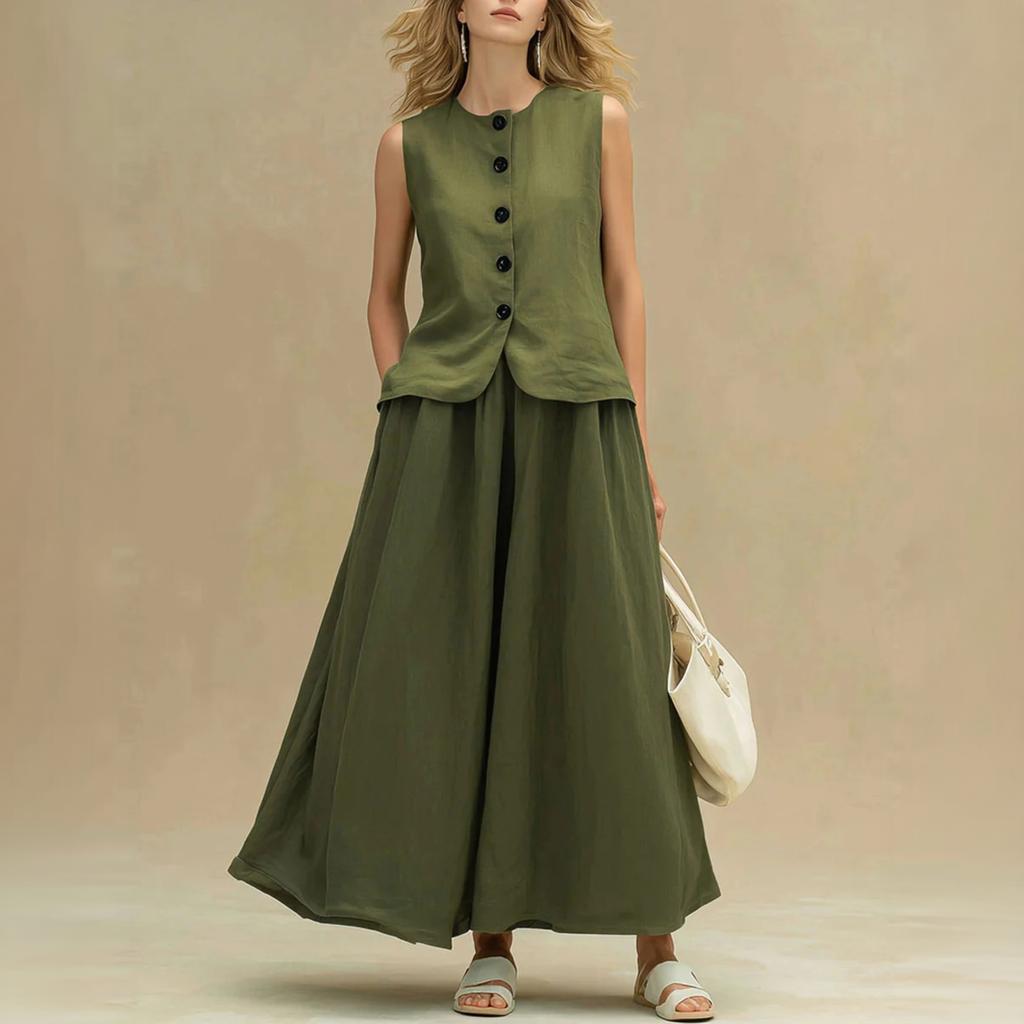 Women Sleeveless Button Front Vest Waistcoat and Long Skirt Two Piece Set Fashionable Solid Color Suit for Casual and Formal Wear