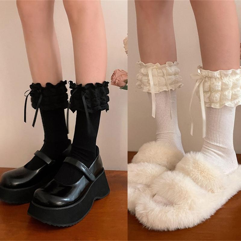 1 Pair Princess Style Dress Socks for Girls Sweet Frilly Socks Ballet Socks Ruffle Ankle Socks with Bows Lace Top Sock