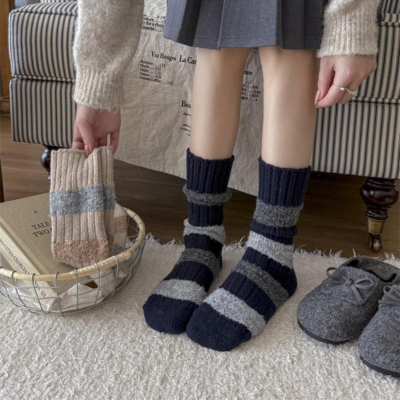 Women's Autumn and Winter Thickened Warm Contrast Color Striped Wool Long Stack Socks